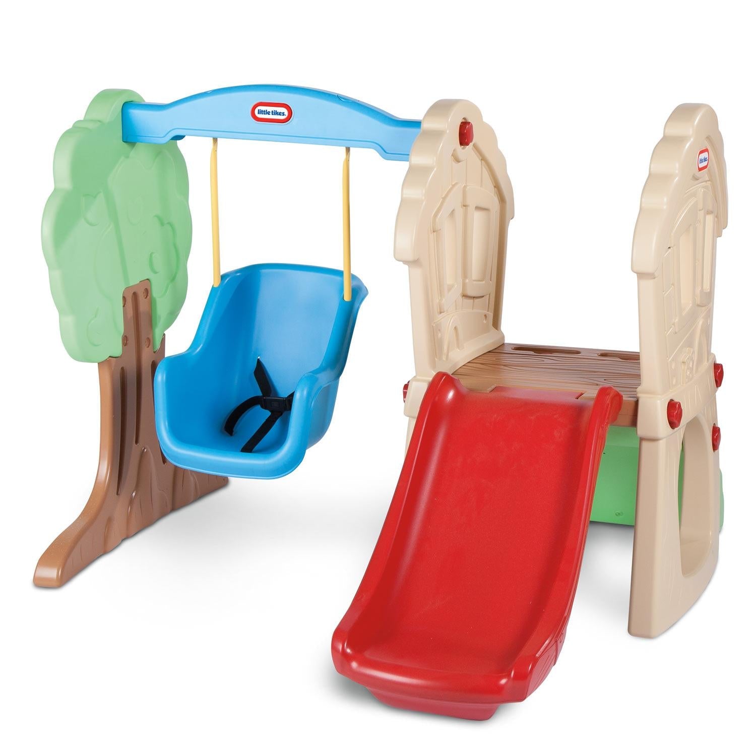 This fun toddler's climber features a swing and an easy climbing rock wall