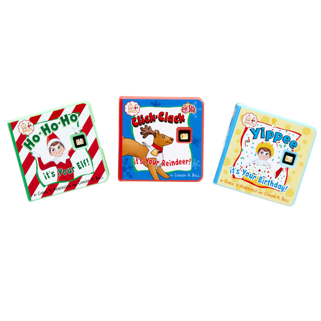 Three children's books with colorful covers on a white background